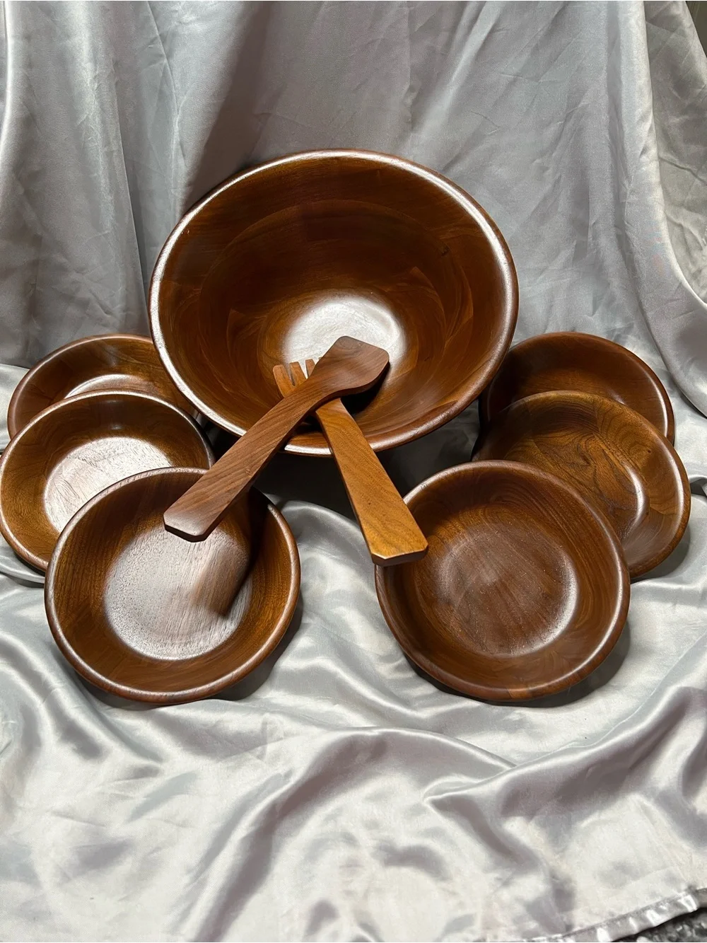 Ozark Walnutware Handcrafted Wooden 7 Piece Salad Bowl Set in Brown with Servers